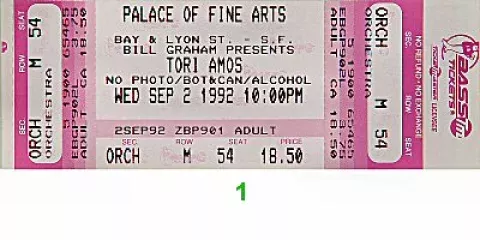 Tori Amos Vintage Concert Vintage Ticket from Palace of Fine Arts, Sep 2, 1992 at Wolfgang's