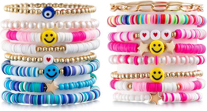 LieToi 16Pcs Preppy Heishi Bracelets Set Colorful Smile Heart Star Evil Eye Beaded Polymer Clay Pearl Stackable Charm Y2K Kidcore Summer Beach Bohemian Layering Bracelets Jewelry for Women Girls Teens: Clothing, Shoes & Jewelry