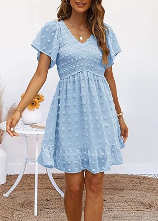 Amazon.com: TECREW Womens Smocked Short Sleeve V Neck Mini Dress Summer Swiss Dot Flowy Short Dress, SkyBlue, XX-Large : Clothing, Shoes & Jewelry
