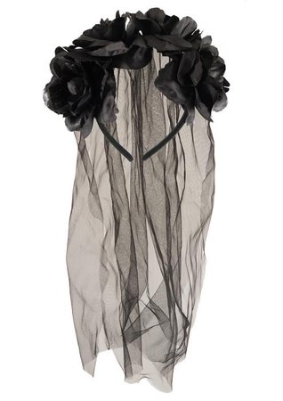 Adult Halloween Zombie Bride Black Veil With Flowers Fancy Dress Acces — XtrasOnline