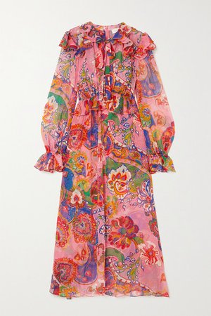 The Lovestruck Ruffled Paisley-print Silk-chiffon Midi Dress - Pink