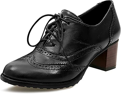 Amazon.com | Odema Womens PU Leather Oxfords Wingtip Lace up Mid Heel Pumps Shoes … Black US7 | Oxfords