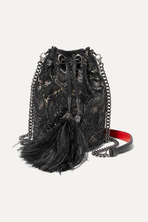 Black Marie Jane feather and leather-trimmed crystal-embellished lace bucket bag | Christian Louboutin | NET-A-PORTER