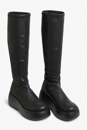 Black faux leather knee high platform boots - Black - Monki GB