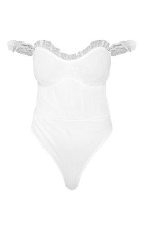 White Dobby Mesh Bardot Bodysuit | Tops | PrettyLittleThing