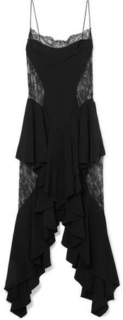Ruffled Paneled Lace And Crepe Midi Dress - Black