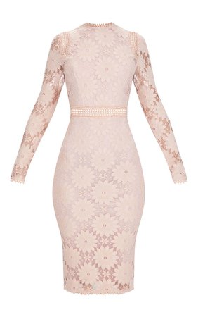 Dusty Pink Long Sleeve Lace Bodycon Dress | PrettyLittleThing