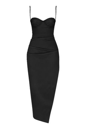 Clothing : Midi Dresses : 'Flora' Black Satin Pleated Corset Midi Dress