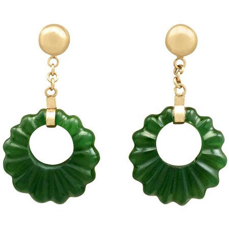 1920s Nephrite Jade and Gold Drop Earrings