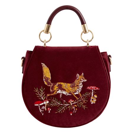 Fable Fox & Mushroom Embroidered Saddle Bag - Redcurrant Velvet | Fable England | Wolf & Badger