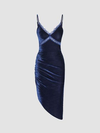 V-neck Velvet Lace Trim Split Cami Midi Dress - Cider