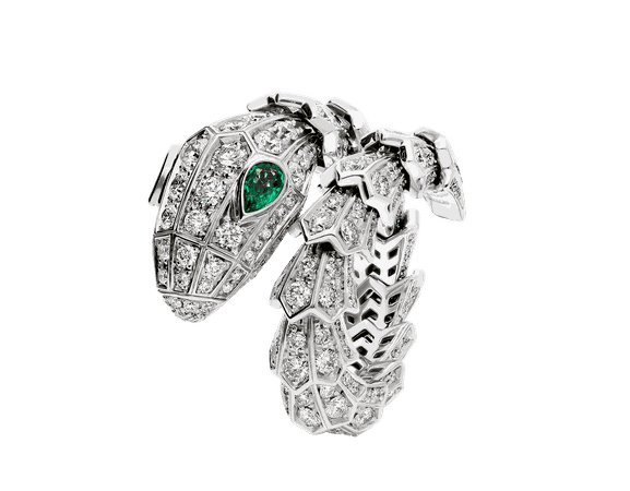 serpenti ring white gold ring set with pavé diamonds and two emerald eyes