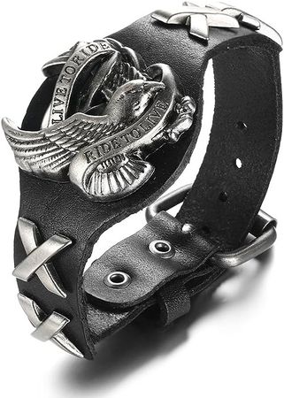 Amazon.com: Mealguet Jewelry American Eagle Buckle Wide Genuine Leather Watchband Military Biker Rocker U.S.A. NYC Cuff Wristband Bracelet,Black: Clothing, Shoes & Jewelry