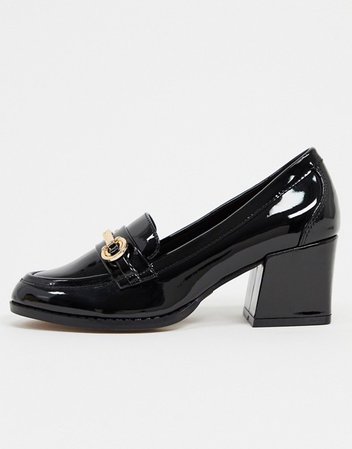 ASOS DESIGN Skylar mid-heeled loafers in black patent | ASOS