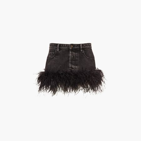 Denim miniskirt with feathers Black | Miu Miu