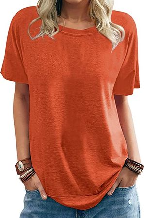 Womens Solid Color T-Shirts Summer Crewneck Tee Short Sleeve Casual Tunic Tops Teen Girl Blouses Orange Large at Amazon Women’s Clothing store