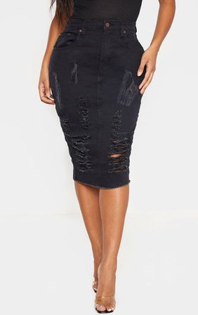 Shape Black Denim Distressed Midi Skirt | PrettyLittleThing