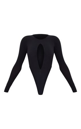 Black Slinky Cut Out Centre Long Sleeve Bodysuit | PrettyLittleThing USA