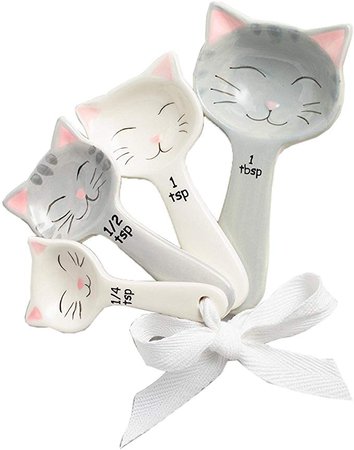 World Market Cat Shaped Ceramic Measuring Spoons - Perfect for Any Cat Lover - Cat Ceramic Measuring Spoons Baking Tool - Creative Functional Kitchen Decor - Comes in White and Gray - Set of 4: AVIE DUCKERY'S BEST