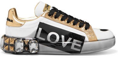 Embellished Printed Metallic-trimmed Leather Sneakers - White