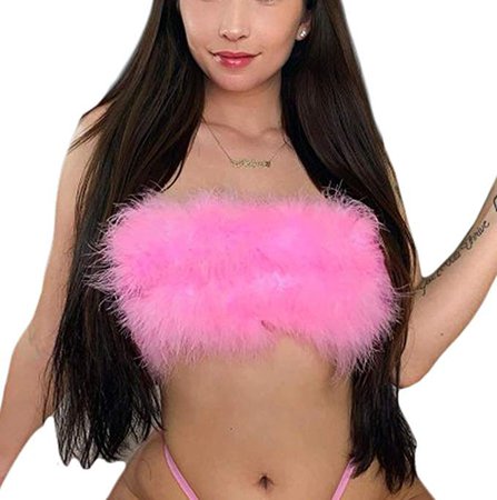 Amazon.com: Women Rave Festival Feather Crop Tops Faux Fur Spaghetti Straps Tube Top for Concert Club Party Pink: Clothing