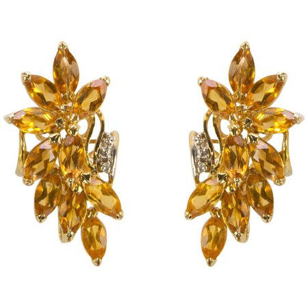 Honey Topaz Spray and Diamond Gold Stud Earrings For Sale at 1stdibs