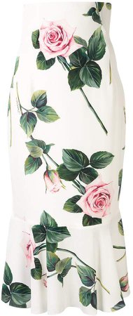 tropical rose print midi skirt