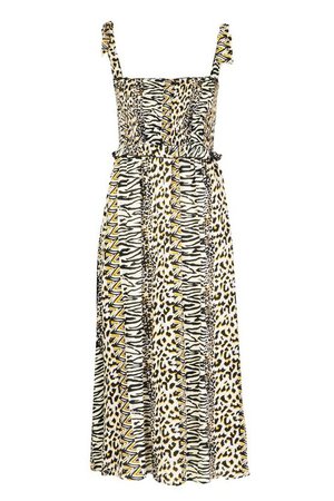 Woven Leopard Print Shirred Sundress | Boohoo ecru