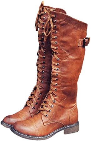 SO SIMPOK Women's Round Toe Lace Up Knee High Riding Boots Low Heel Criss Cross Combat Boots Brown | Knee-High