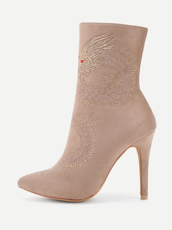 Dragon Embroidery High Heeled Ankle Boots