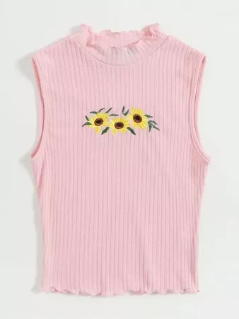 Sunflower Embroidered Lettuce Edge Rib-knit Top | SHEIN USA