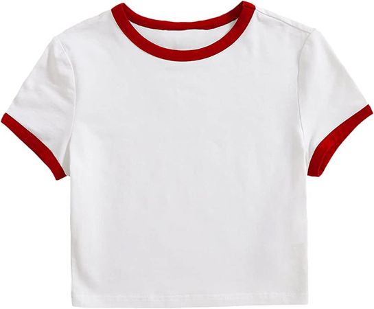 Verdusa Women's Contrast Binding Short Sleeve Slim Fitted Ringer Crop Tee Top White and Red S at Amazon Women’s Clothing store