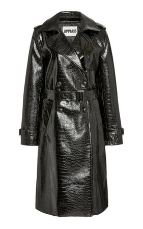 Croc Effect Faux Leather Trench Coat in Black - Alaia