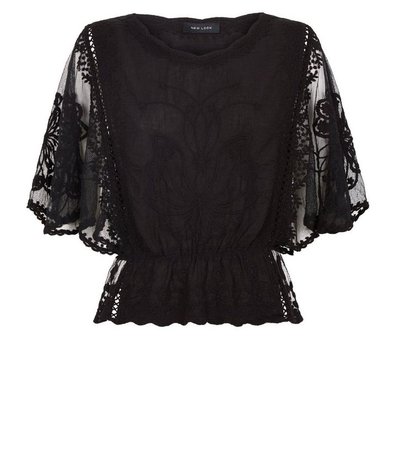 Black Crochet Mesh Sleeve Peplum Blouse | New Look