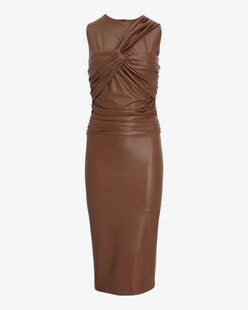 Body Contour Faux Leather Twist Front Midi Dress With Built-in Shapewear | Express
