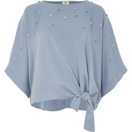 Blue pearl embellished kimono sleeve top - Blouses - Tops - women