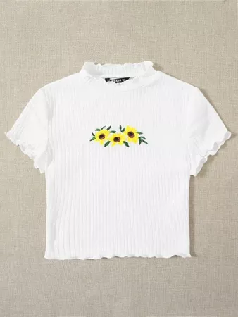 Sunflower Embroidery Lettuce Trim Rib-knit Tee | SHEIN USA