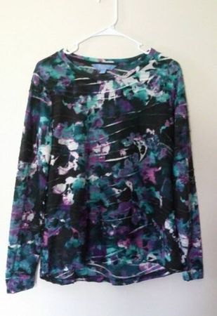 Simply Vera Purple, White and Teal Watercolor Effect Blouse Sheer, Long Sleeve | eBay