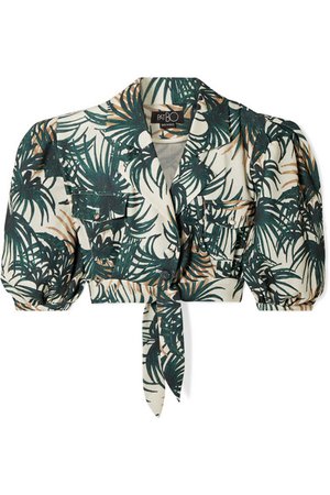 PatBO | Palm cropped tie-front printed woven top | NET-A-PORTER.COM