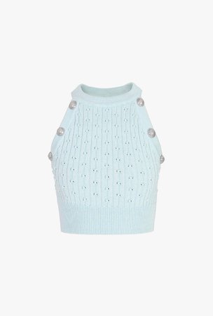 Buttoned Pastel Green Knit Crop Top for Women - Balmain.com