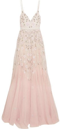 Embellished Embroidered Tulle Gown - Pastel pink