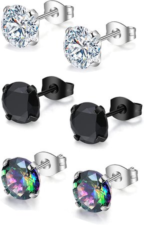 Amazon.com: KWUNCCI Stud Earrings Set Hypoallergenic Stainless Steel Cubic Zirconia Black Clear Rainbow Quartz CZ Round Stud Earrings 3-8mm 20G Earrings for Men Women Jewelry: Clothing, Shoes & Jewelry