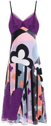 Lace-paneled Printed Silk-blend Satin Dress