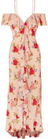 De La Vali - Jolene Cold-shoulder Floral-print Crepe De Chine Maxi Dress - Peach
