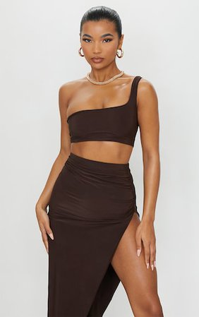 Chocolate Brown Slinky One Shoulder Crop Top | PrettyLittleThing USA