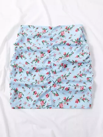 Ditsy Floral Print Ruched Skirt | SHEIN USA blue