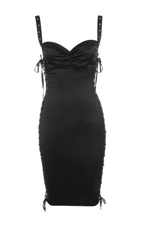 Clothing : Bodycon Dresses : 'Katt' Black Satin Side Lace Dress