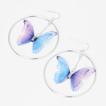 Silver Hoop Blue & Purple Butterfly 2" Drop Earrings | Claire's