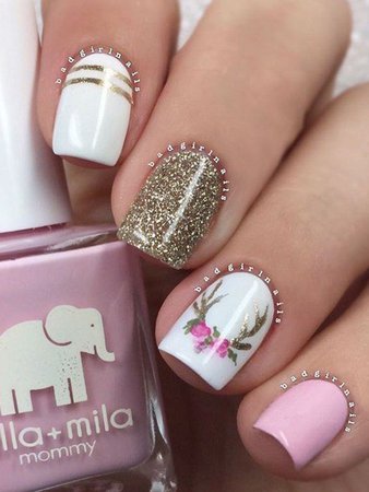 white,gold,and pink nails