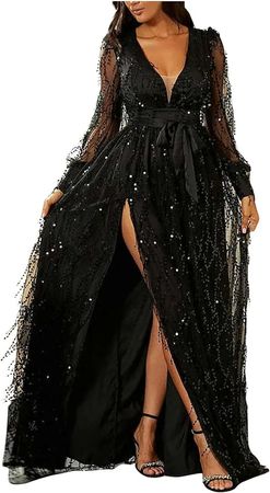 Pitauce Maxi Dresses for Women Long Sleeve Sexy V Neck Sequin Slit Long Dress Holiday Party Gown Elegant Formal Evening Dress at Amazon Women’s Clothing store